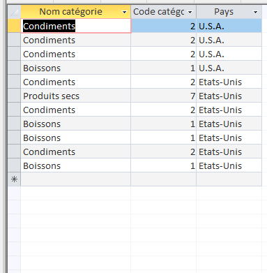 Résultat de la requête sur les catégories vendues par les fournisseurs américains